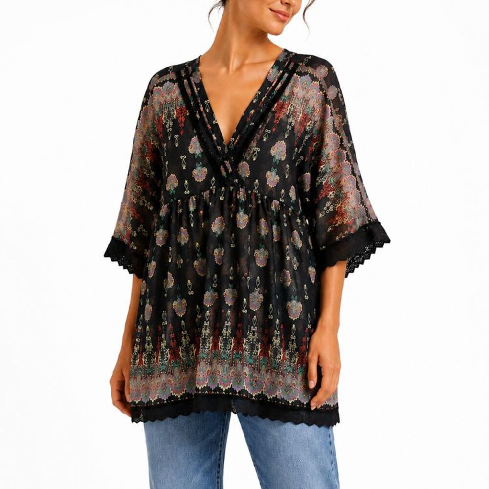 Uncle Frank Boho Sheer Tunic XL Black Paisley Velvet Trim Top